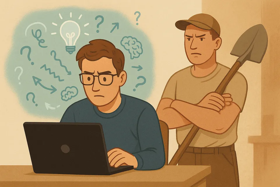 Ilustración conceptual de una persona sentada frente a una computadora, rodeada de ideas y esfuerzo mental, mientras otra persona observa con escepticismo
