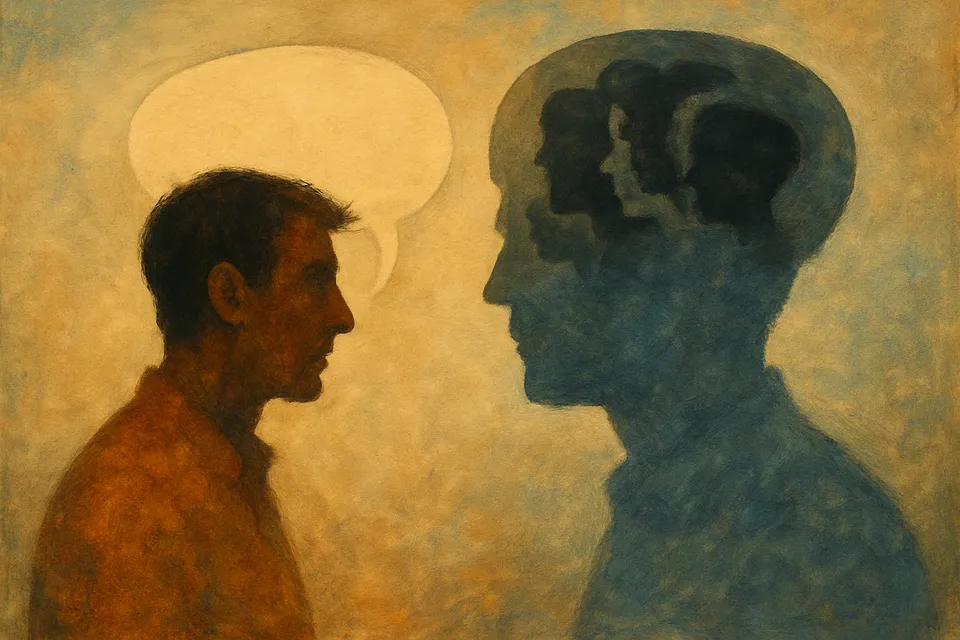 Ilustración de dos siluetas humanas dialogando, una proyectando sombras de sus propios pensamientos sobre la otra
