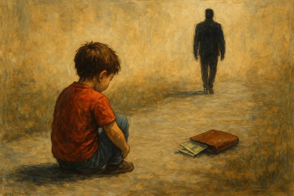 Ilustración simbólica de un niño solo frente a una silueta que se aleja, representando el abandono y la falta de responsabilidad parental