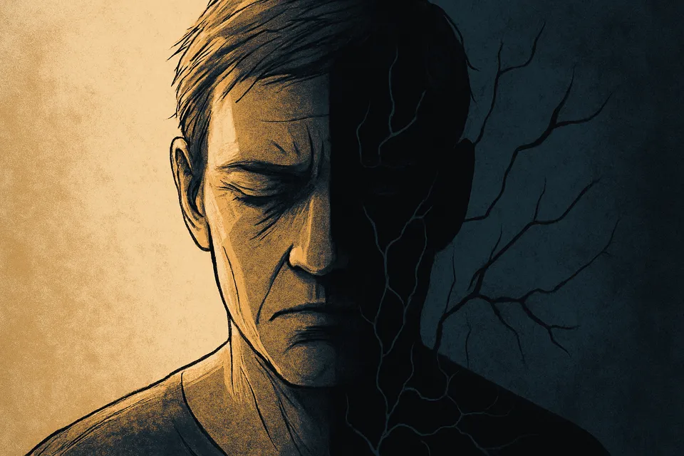 Ilustración artística de un rostro humano partido entre luz y sombra, con grietas invisibles proyectadas desde su interior