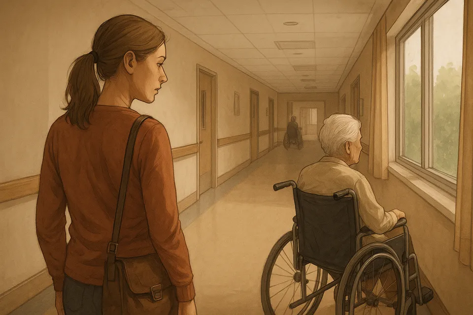 Ilustración simbólica de un padre anciano y su hija separados por una ventana, uno dentro de un hogar de cuidados y otro afuera con expresión de amor contenido
