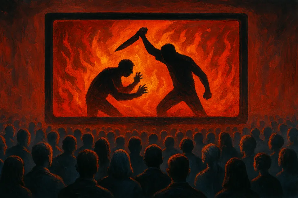 Representación artística de una pantalla irradiando violencia hacia una multitud hipnotizada