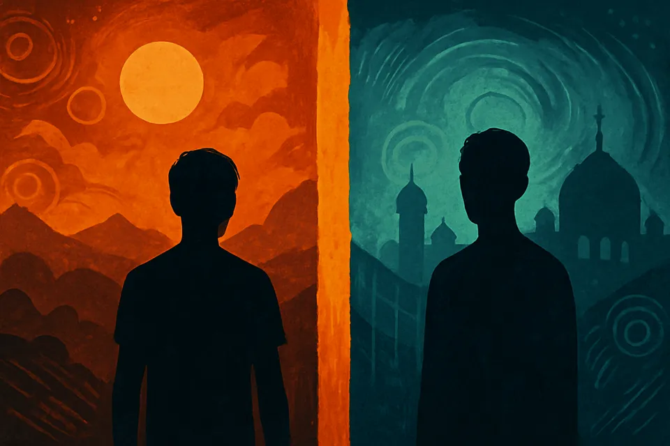 Ilustración conceptual de dos figuras humanas frente a una frontera simbólica entre culturas, representando la tensión entre apertura y resguardo identitario