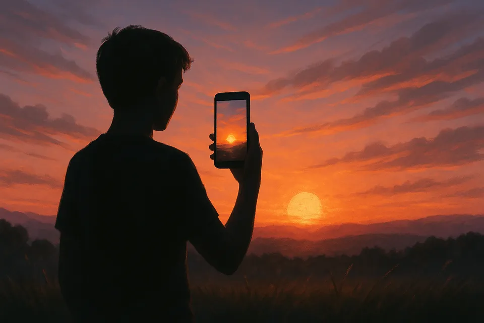 Ilustración artística de una figura humana frente a un atardecer, sosteniendo un móvil que refleja la escena mientras el sol se desvanece sin que lo mire directamente