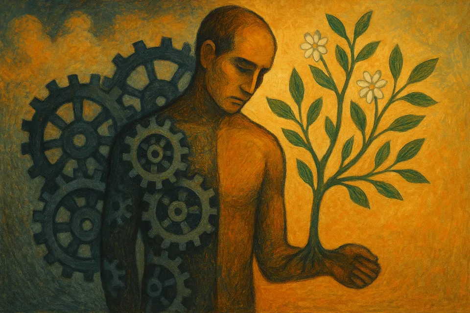 Ilustración artística de una figura humana dividida entre engranajes y ramas floreciendo, representando la tensión entre trabajo, salud y bienestar personal