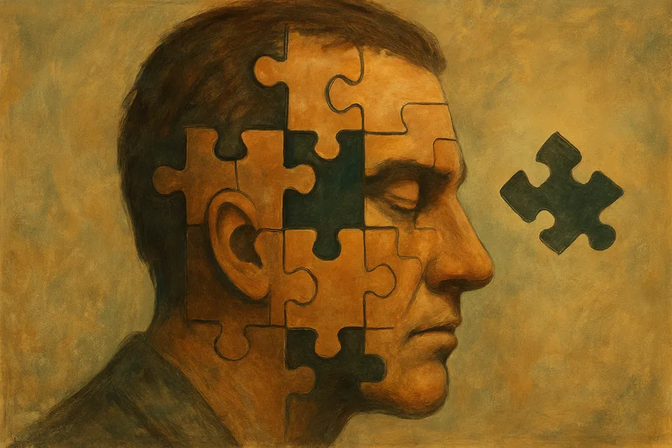 Ilustración artística de un rostro humano fragmentado en piezas de rompecabezas, representando los errores del pensamiento y el impacto de las falacias
