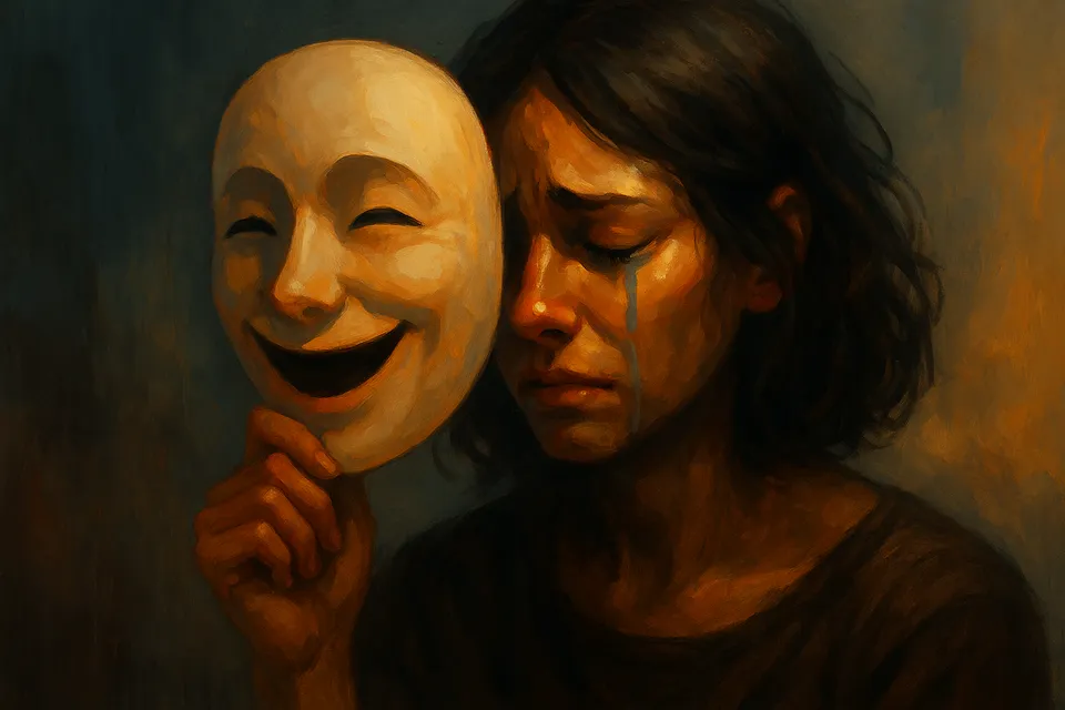 Ilustración de un rostro que sonríe con una máscara mientras llora detrás, simbolizando la imposición de aparentar felicidad