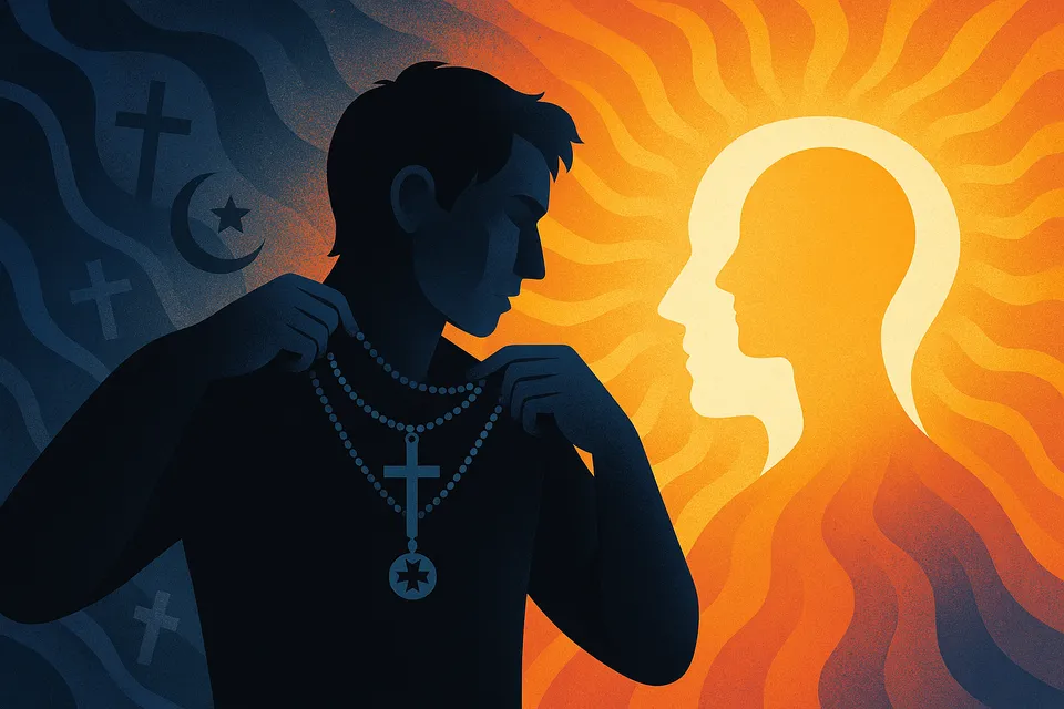 Ilustración simbólica de una persona despojándose de símbolos impuestos para mirar hacia la luz del pensamiento autónomo