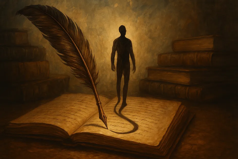 Ilustración artística de una pluma que, al escribir, traza una figura humana que se yergue erguida sobre un fondo de libros antiguos