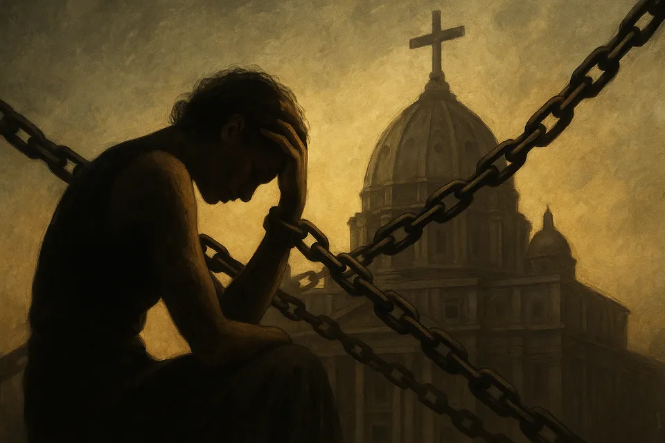 Ilustración de una figura encadenada a una estructura religiosa monumental, simbolizando la dependencia psicológica de los dogmas