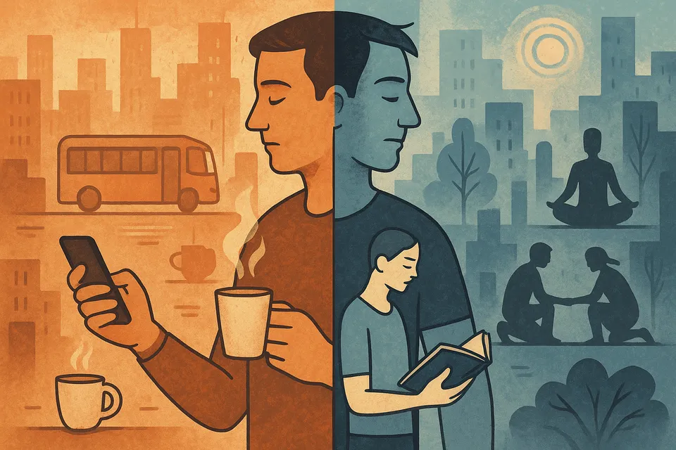 Ilustración de una figura humana dividida en gestos automáticos y pensamientos conscientes