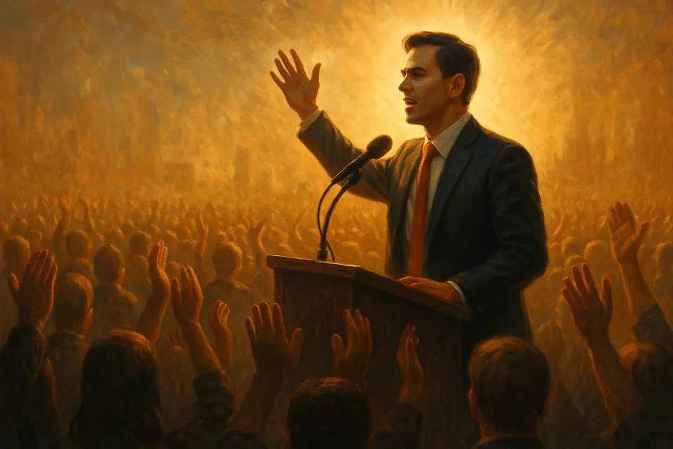 Ilustración de un líder político con aura carismática frente a una multitud que aplaude sin rostro definido