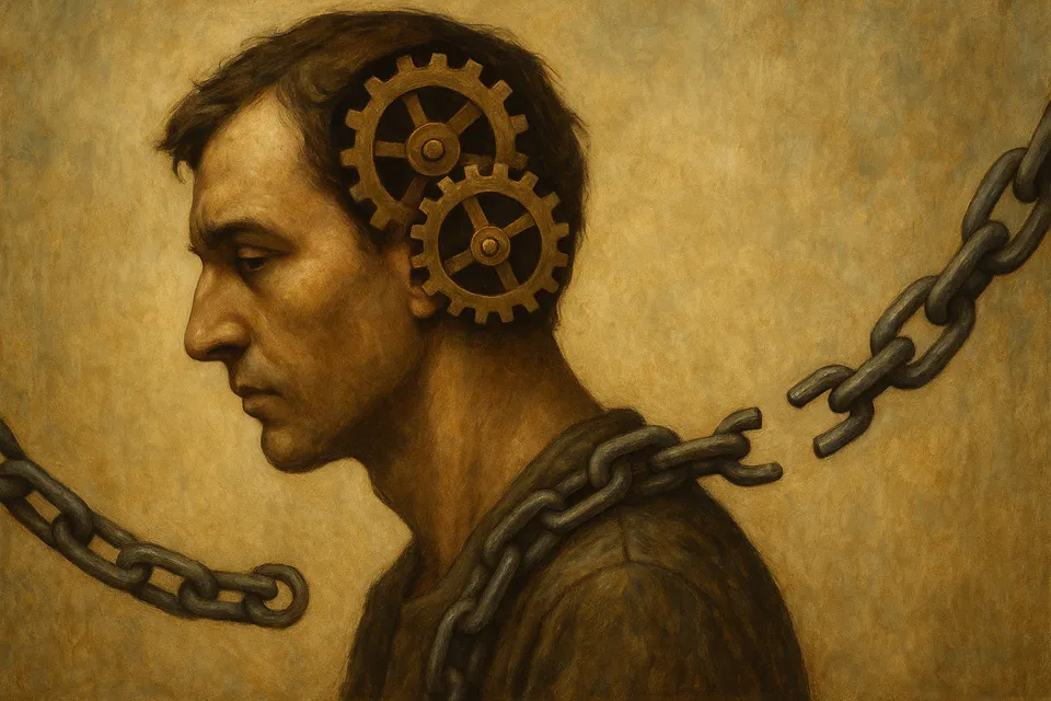 Ilustración artística de una figura humana con engranajes en la mente y cadenas rotas, simbolizando los condicionamientos inconscientes y la búsqueda de comprensión ética