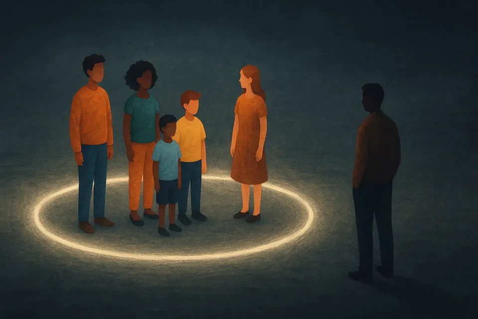 Ilustración artística de varias figuras humanas de diferentes colores unidas por un círculo de luz que representa la dignidad compartida, mientras otras eligen su propio espacio sin agresión