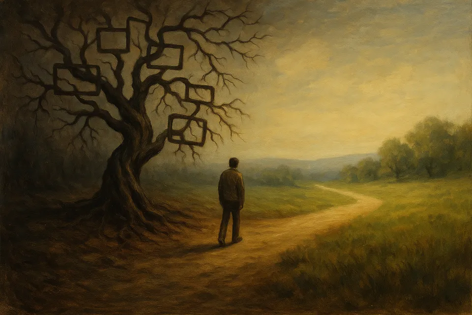 Una figura humana alejándose de un árbol genealógico cuyas ramas están marchitas, mientras encuentra luz al fondo del camino
