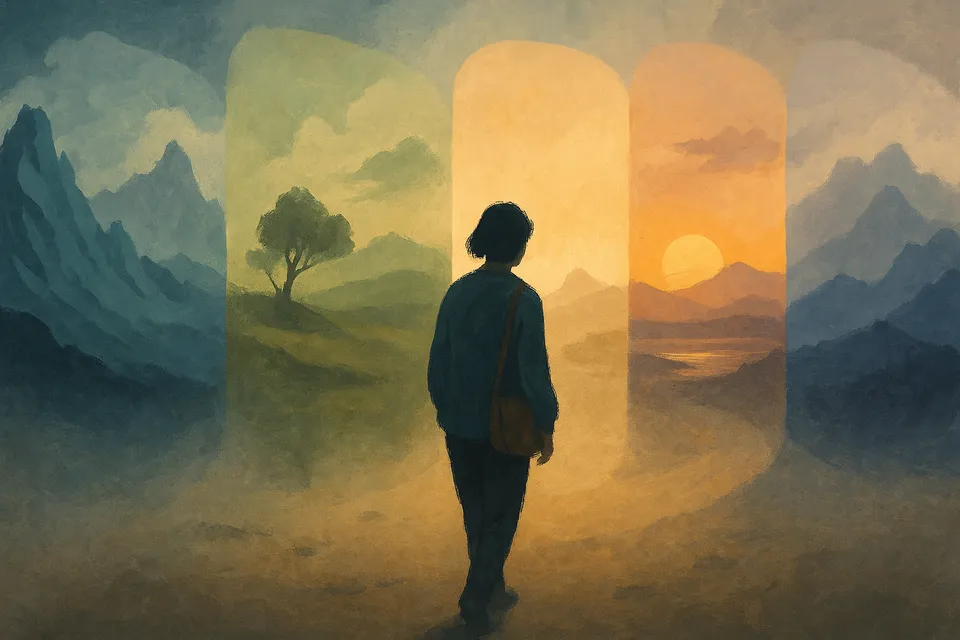 Ilustración de una figura caminando sola por múltiples paisajes que se desvanecen, simbolizando la imposibilidad de huir de uno mismo viajando