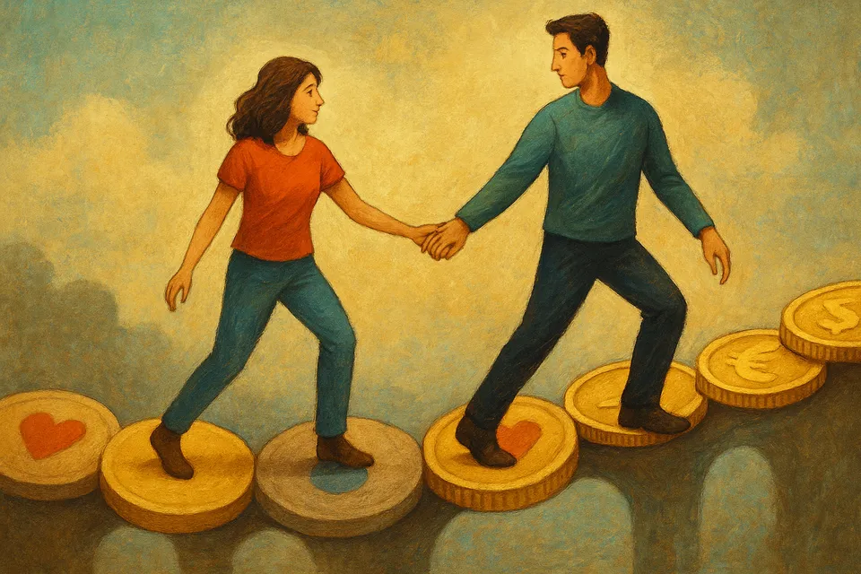 Ilustración artística de dos personas de la mano, cruzando un puente construido con piezas que representan emociones y monedas en equilibrio