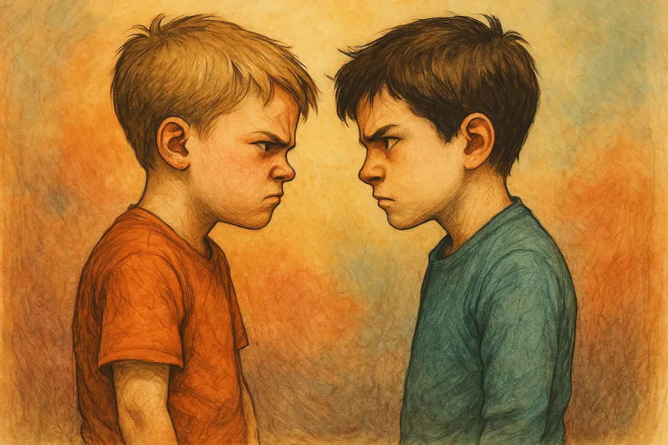 Dos hermanos mirándose con expresiones encontradas, simbolizando la rivalidad y la necesidad de comprensión mutua