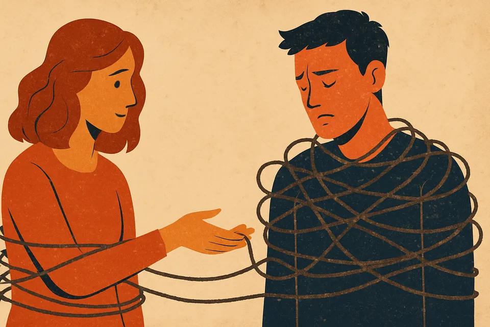 Ilustración de dos figuras humanas entrelazadas por lazos emocionales, una de ellas extendiendo ayuda mientras la otra parece atrapada en una telaraña afectiva