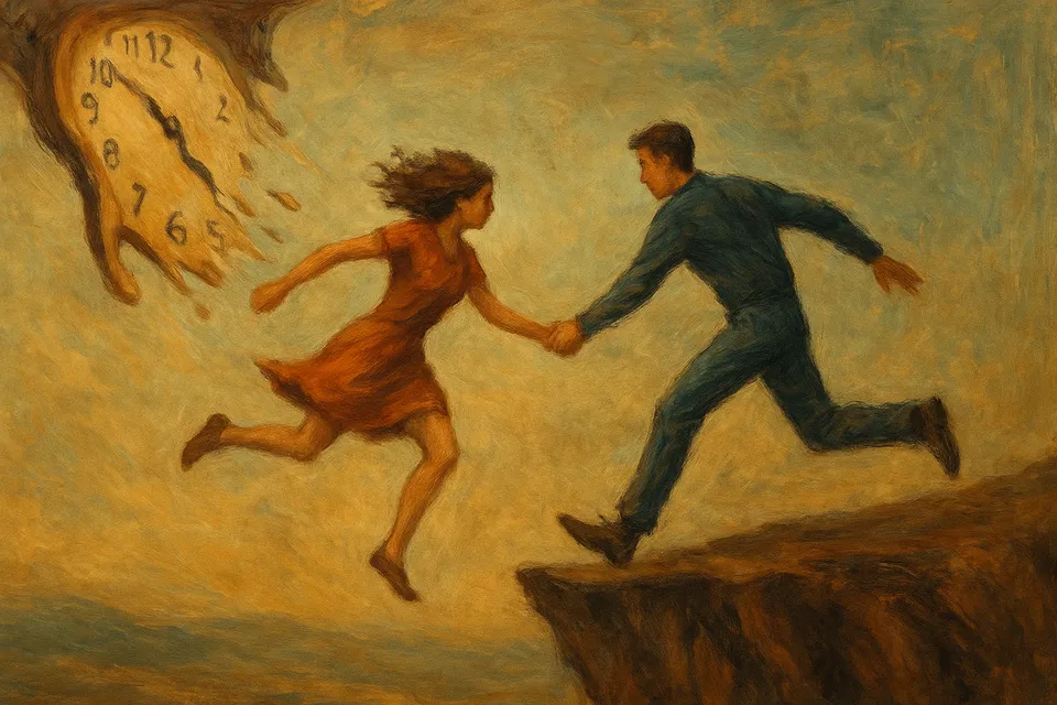 Ilustración artística de una pareja que se lanza al vacío tomados de la mano, con un reloj que se deshace a sus espaldas