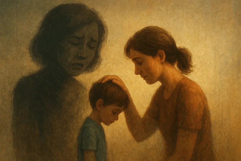 Ilustración artística de una figura adulta acariciando la sombra de un niño, mientras detrás se proyecta una imagen distorsionada de su propio pasado