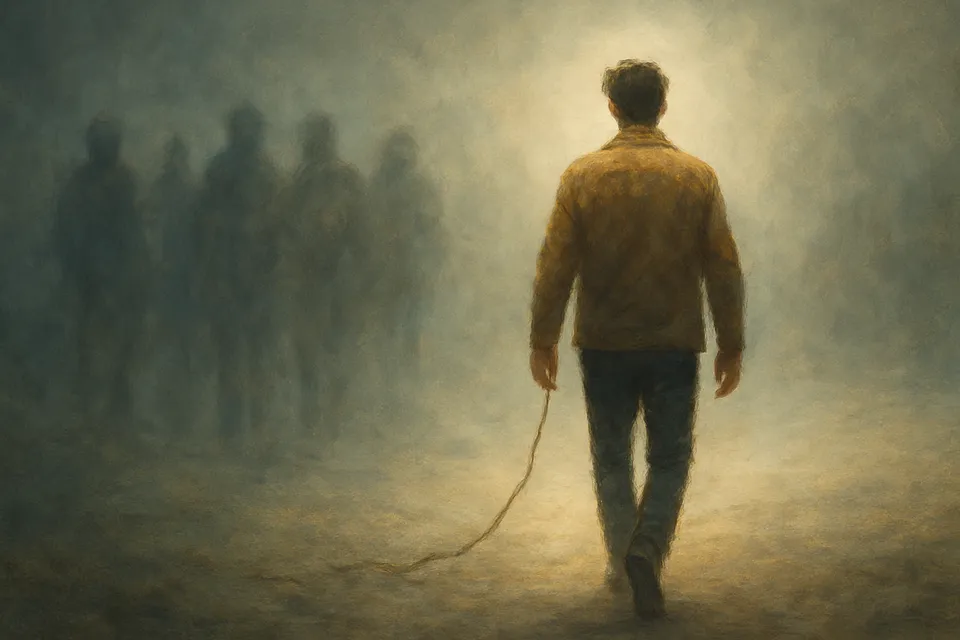 Ilustración artística de una figura humana caminando con una cuerda rota en la mano, dejando atrás siluetas borrosas que se desvanecen en un entorno difuso
