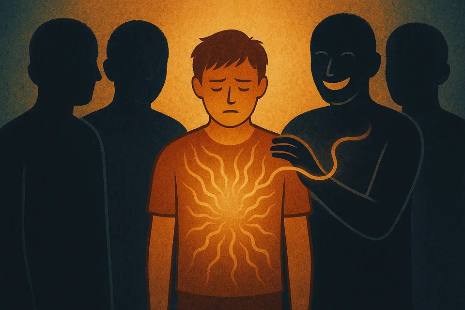 Ilustración simbólica de una persona rodeada de amigos en sombras, de los cuales uno parece extraer energía mientras sonríe