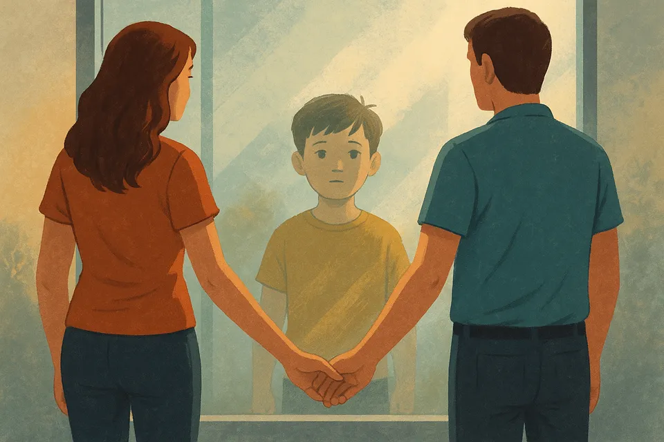 Ilustración artística de dos figuras tomadas de la mano, detrás de un cristal con el reflejo de un niño al frente