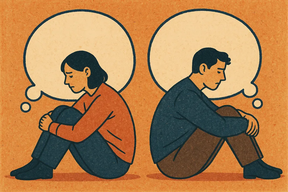 Ilustración de dos personas sentadas espalda con espalda, cada una encerrada en su propio globo de pensamiento rígido