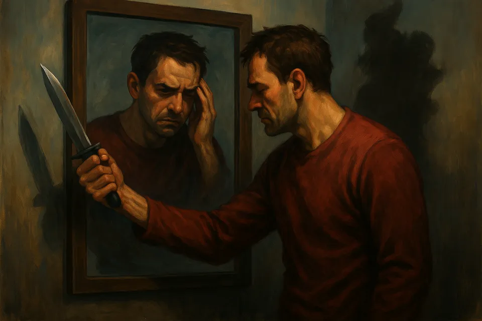 Figura humana con el rostro dividido entre furia y tristeza, mirando un espejo que refleja una sombra distorsionada de sí misma