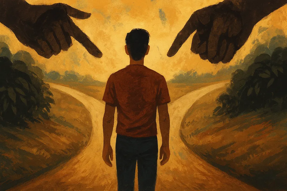 Figura humana caminando entre dos caminos que se bifurcan, mientras sombras de normas sociales intentan sujetarla