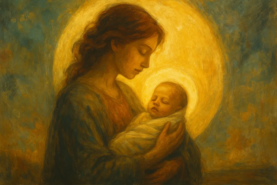 Ilustración simbólica de una figura femenina contemplativa ante la maternidad como elección consciente