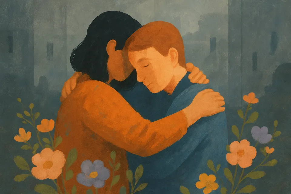 Dos figuras humanas envueltas en un gesto de abrazo en medio de un entorno gris, donde florecen colores suaves solo alrededor de ellas
