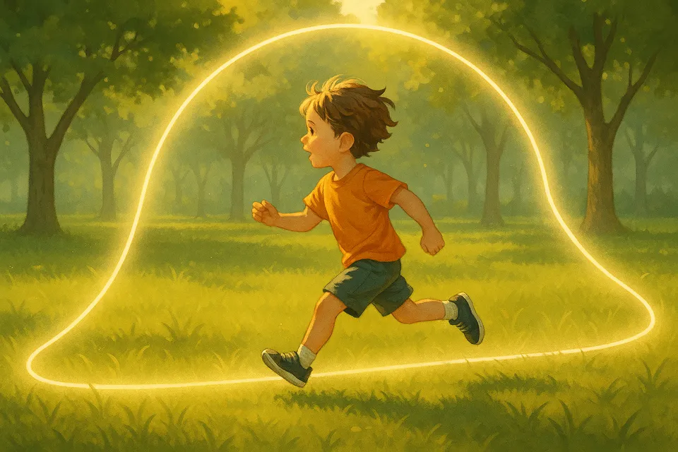 Ilustración artística de un niño corriendo libremente en un parque, delimitado por suaves líneas luminosas que lo contienen sin aprisionarlo
