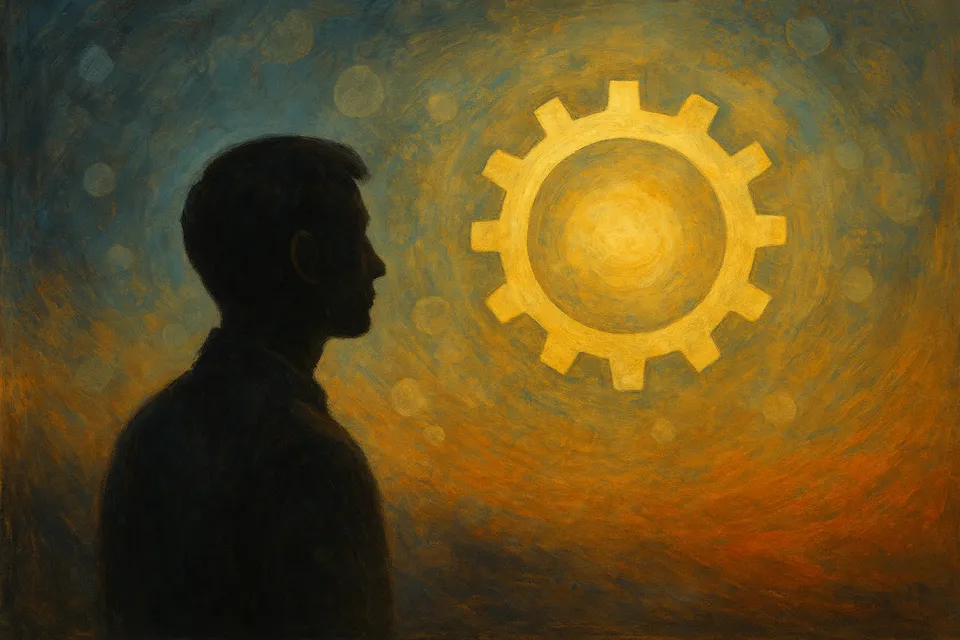 Ilustración artística de una figura humana observando un engranaje luminoso que representa el conocimiento profundo del funcionamiento tecnológico