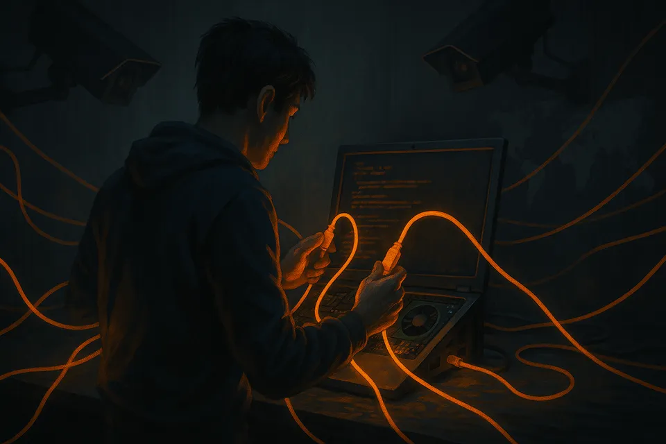 Figura humana conectando cables luminosos a una computadora abierta, en un entorno oscuro simbolico de control digital y vigilancia masiva