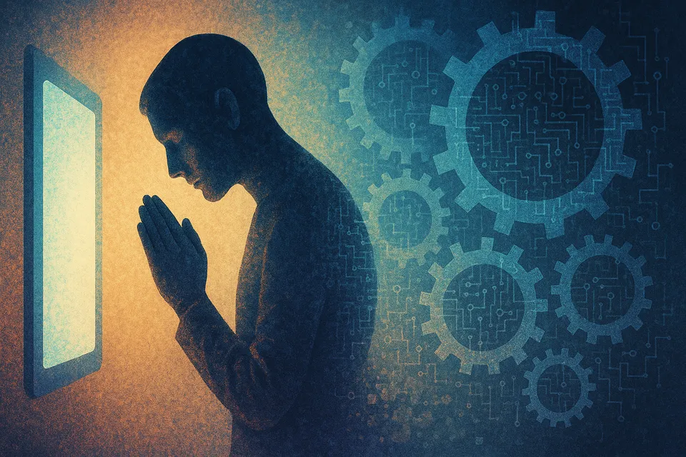 Ilustración artística de una figura humana consultando una pantalla brillante con gesto reverente, mientras su sombra se desvanece entre engranajes digitales