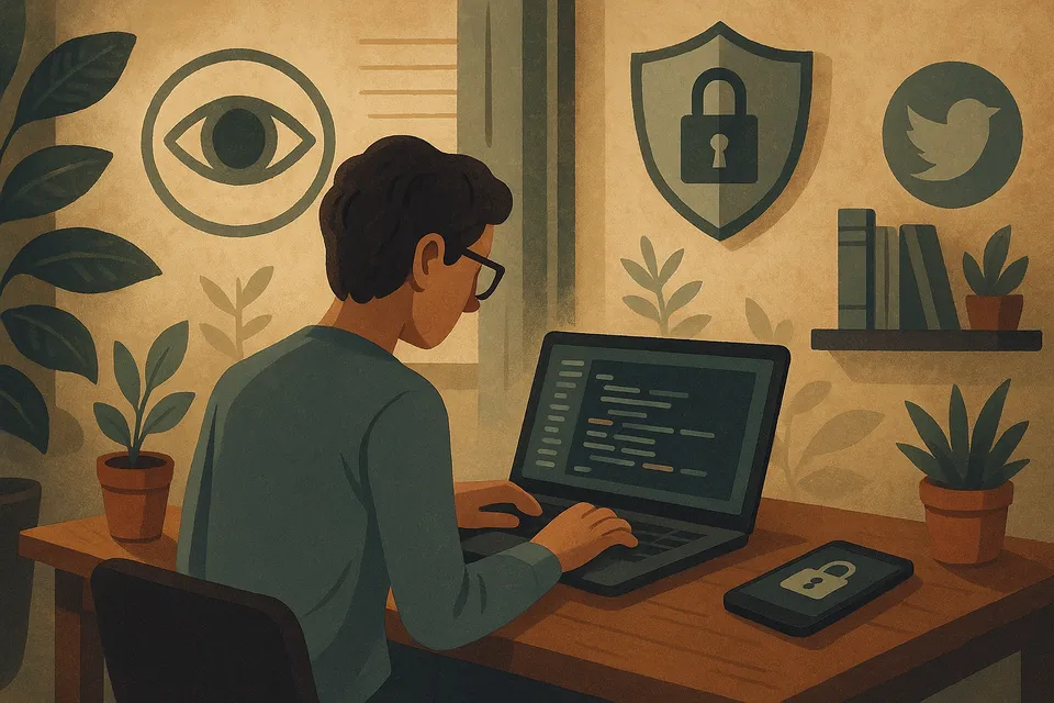 Ilustración digital de una persona programando en un entorno tranquilo, rodeada de símbolos de privacidad, transparencia y libertad digital