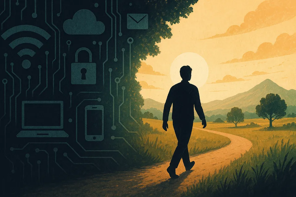 Ilustración conceptual de una persona alejándose de un entorno digital opresivo hacia un paisaje abierto y libre, con símbolos tecnológicos detrás