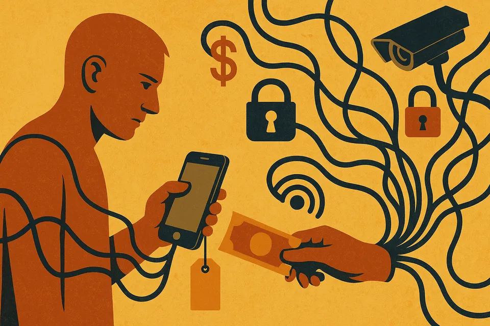 Ilustración conceptual de una figura humana que compra un dispositivo digital mientras cables invisibles se conectan a su espalda