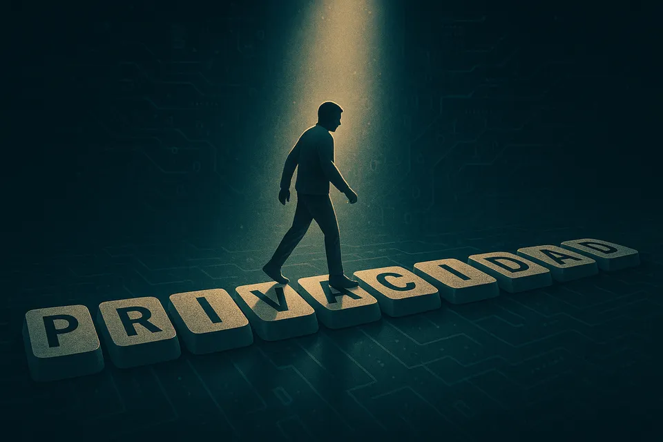 Ilustración artística de una figura humana caminando sobre teclas que forman la palabra 'privacy', iluminada por un haz de luz en medio de un entorno digital sombrío