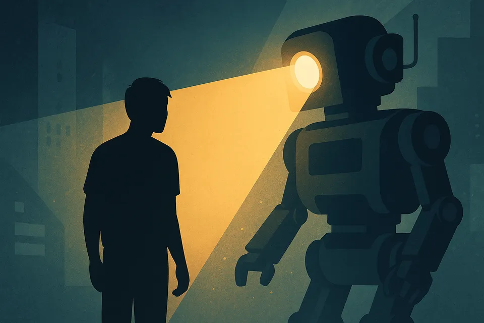 Ilustración simbólica de una figura humana ante una gran máquina moderna que proyecta luz sobre ella