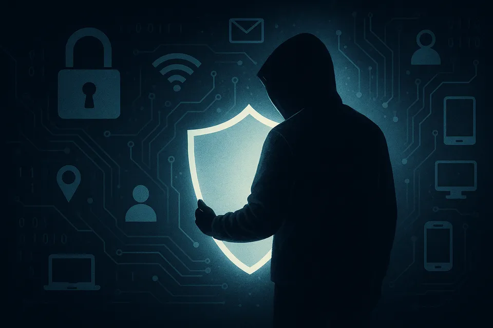 Ilustración conceptual de una figura humana resguardando su identidad digital bajo una capa luminosa en un entorno oscuro de vigilancia tecnológica