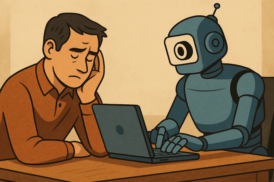 Ilustración digital que muestra a un humano observando pasivamente cómo una máquina toma decisiones por él