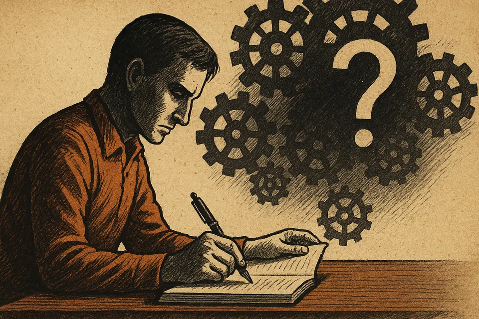 Ilustración artística de una figura humana escribiendo con pluma mientras sombras de engranajes proyectan dudas sobre su autenticidad