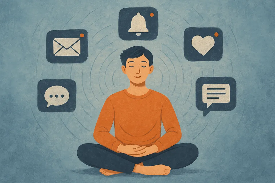 Ilustración artística de una figura humana meditando en calma mientras a su alrededor flotan íconos de notificaciones digitales apagadas