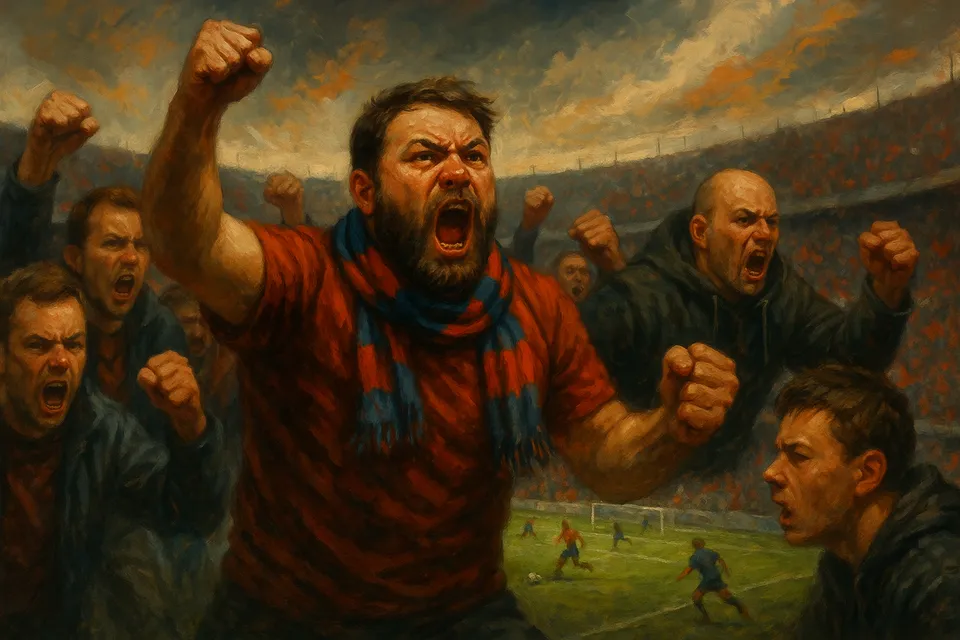 Ilustración artística de una multitud en un estadio donde algunas figuras exaltadas irradian hostilidad mientras otras mantienen expresión de desconcierto y reflexión
