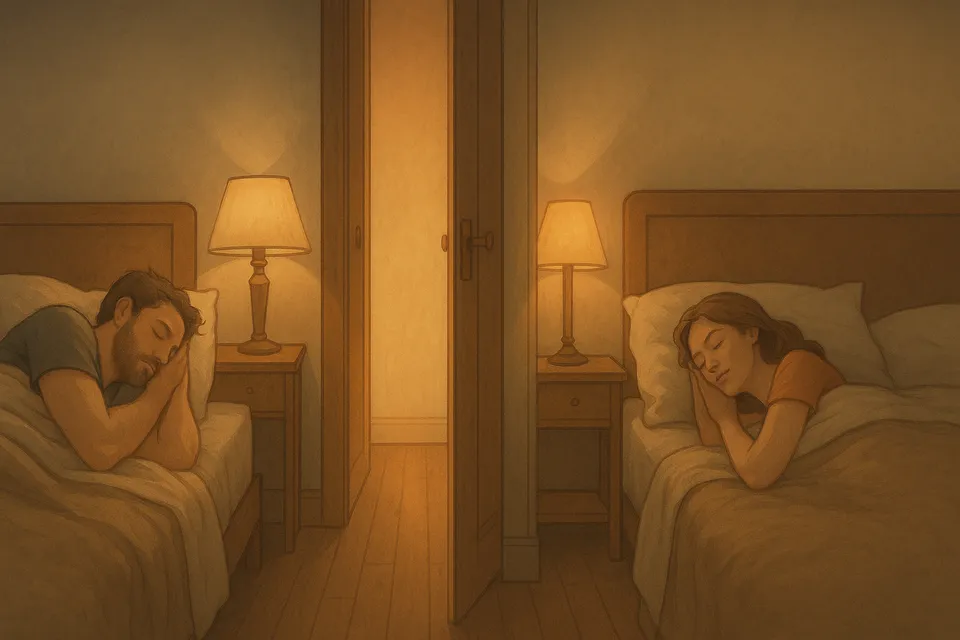 Ilustración conceptual de una pareja que duerme en cuartos distintos pero conectados por una puerta abierta y luz cálida