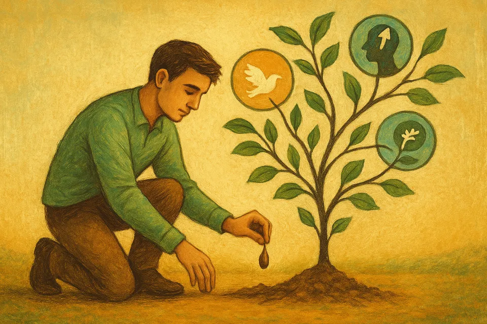 Ilustración artística de una persona plantando una semilla de la que brotan ramas con símbolos de habilidades, libertad y crecimiento personal