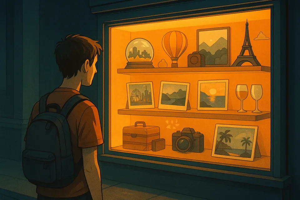 Ilustración simbólica de una persona sola frente a un escaparate brillante lleno de recuerdos espectaculares